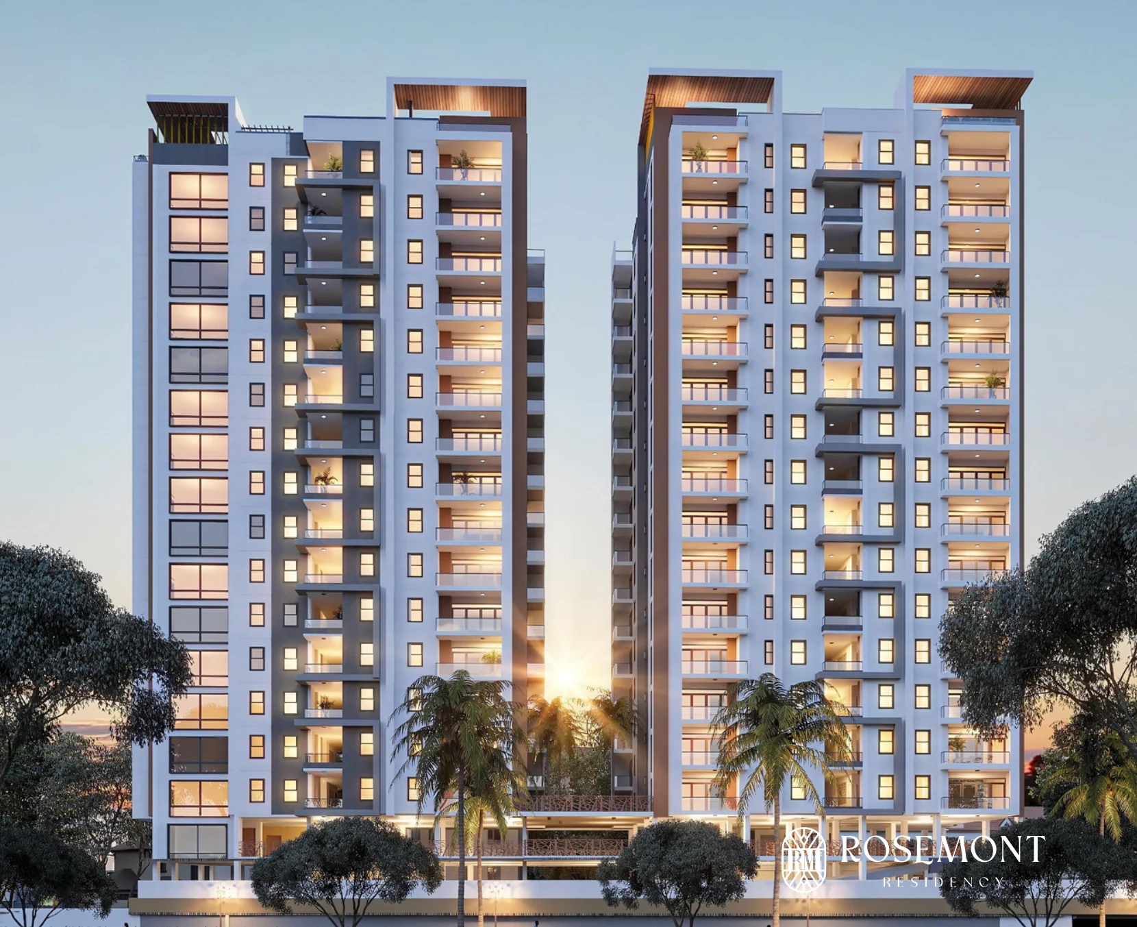 Rosemont Residency twin towers at dusk — Rose Avenue, Kilimani, Nairobi